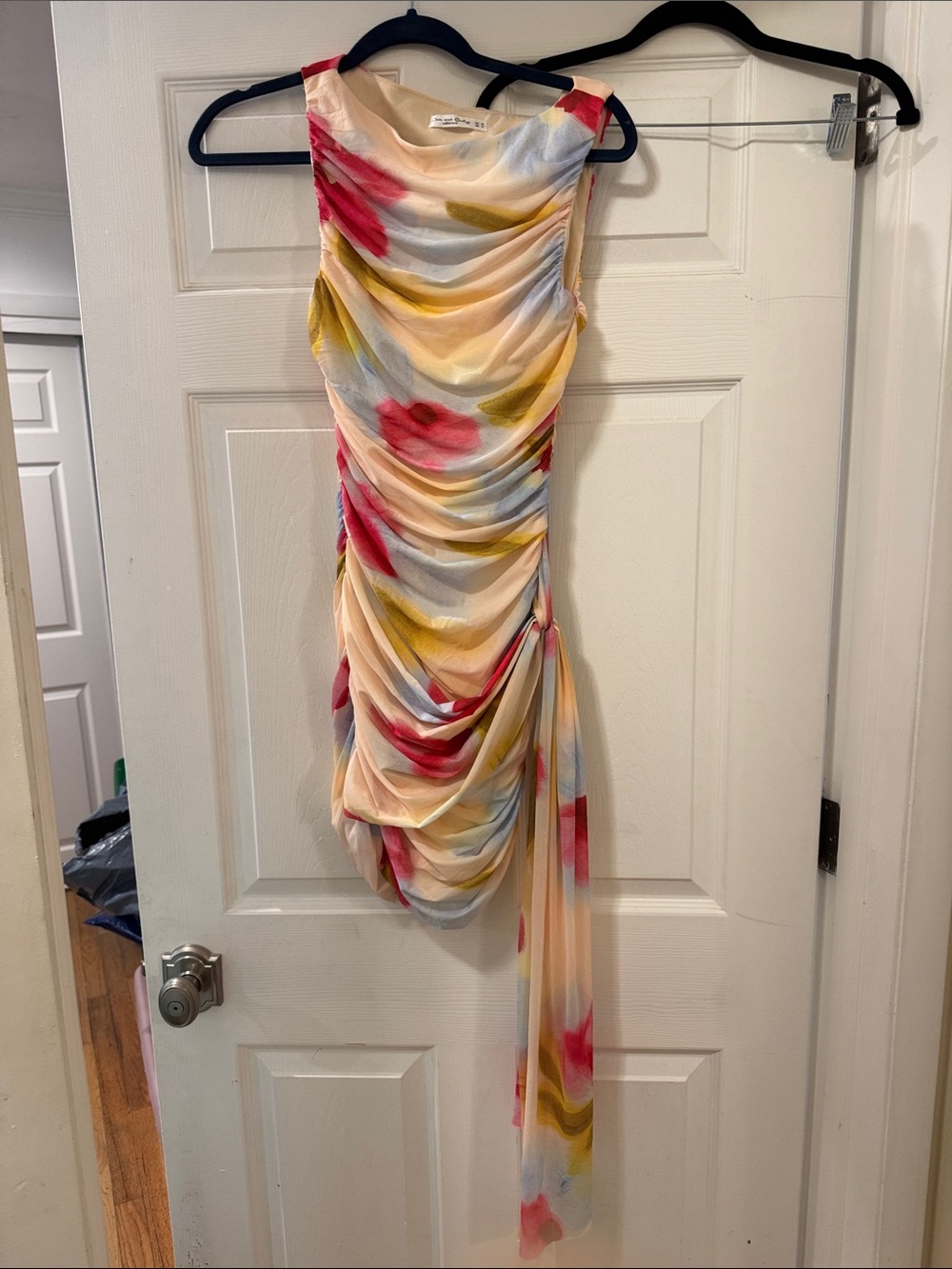 Ruched Sleeveless Floral Midi Dress in Cream with Pink & Yellow Accents